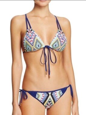 NWT Red Carter Navajo Blue Geo Print Tie-Front Triangle Réversible Bikini Sz L